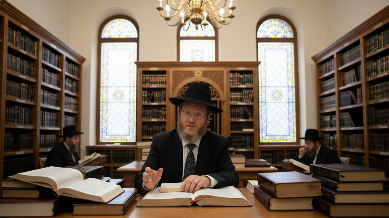 Rabbi Shmuel Zev Juravel teaching Torah in the study hall